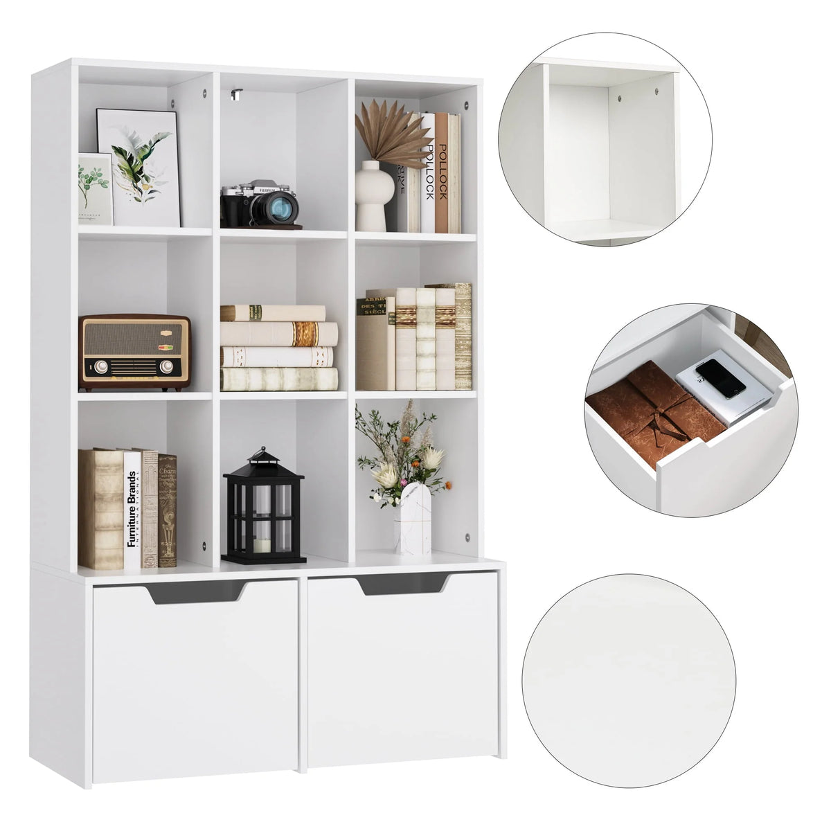 Homfa Modern Cube Bookcase, 9-Cube Storage Cabinet Display Shelf with 2 Mobile Drawers, White Finish