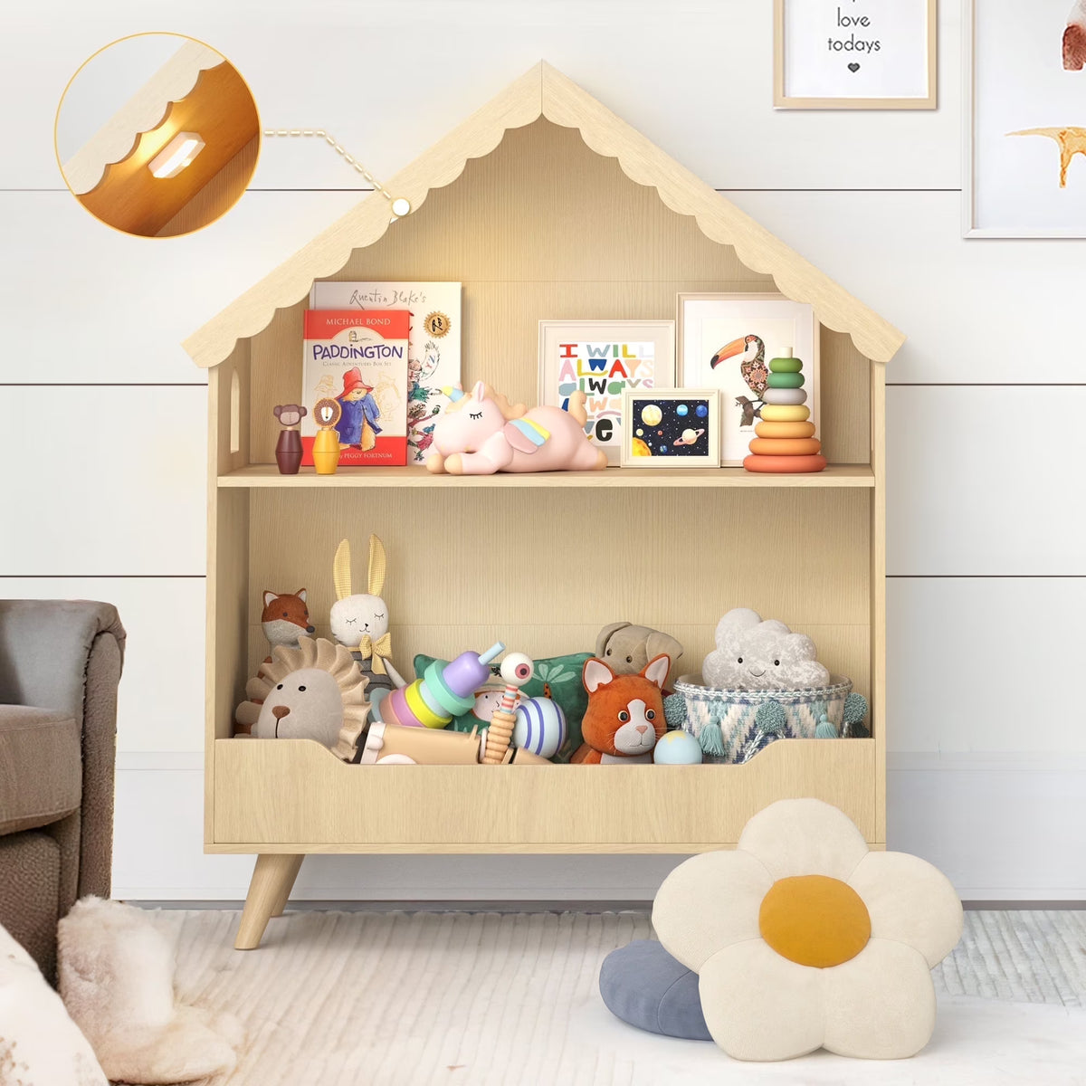 Curipeer 2-Tier Kids Bookshelf, Toy Storage Organizer with Motion-Activated Light, White