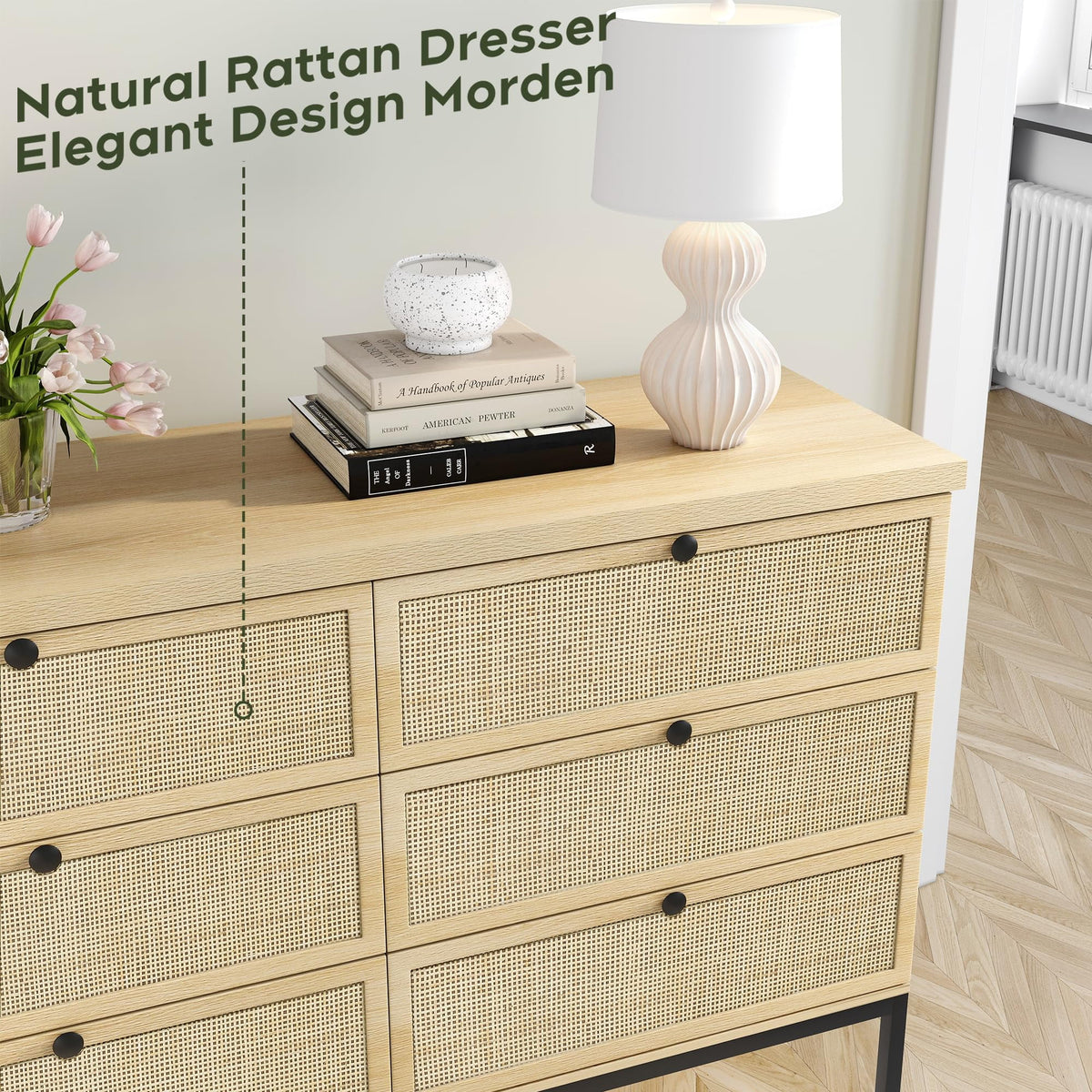 Brafabhome Rattan 6 Drawers Dresser for Bedroom, Vintage Boho Double Dresser Wicker Chest with Wooden Legs for Living Room Hallway| Mint