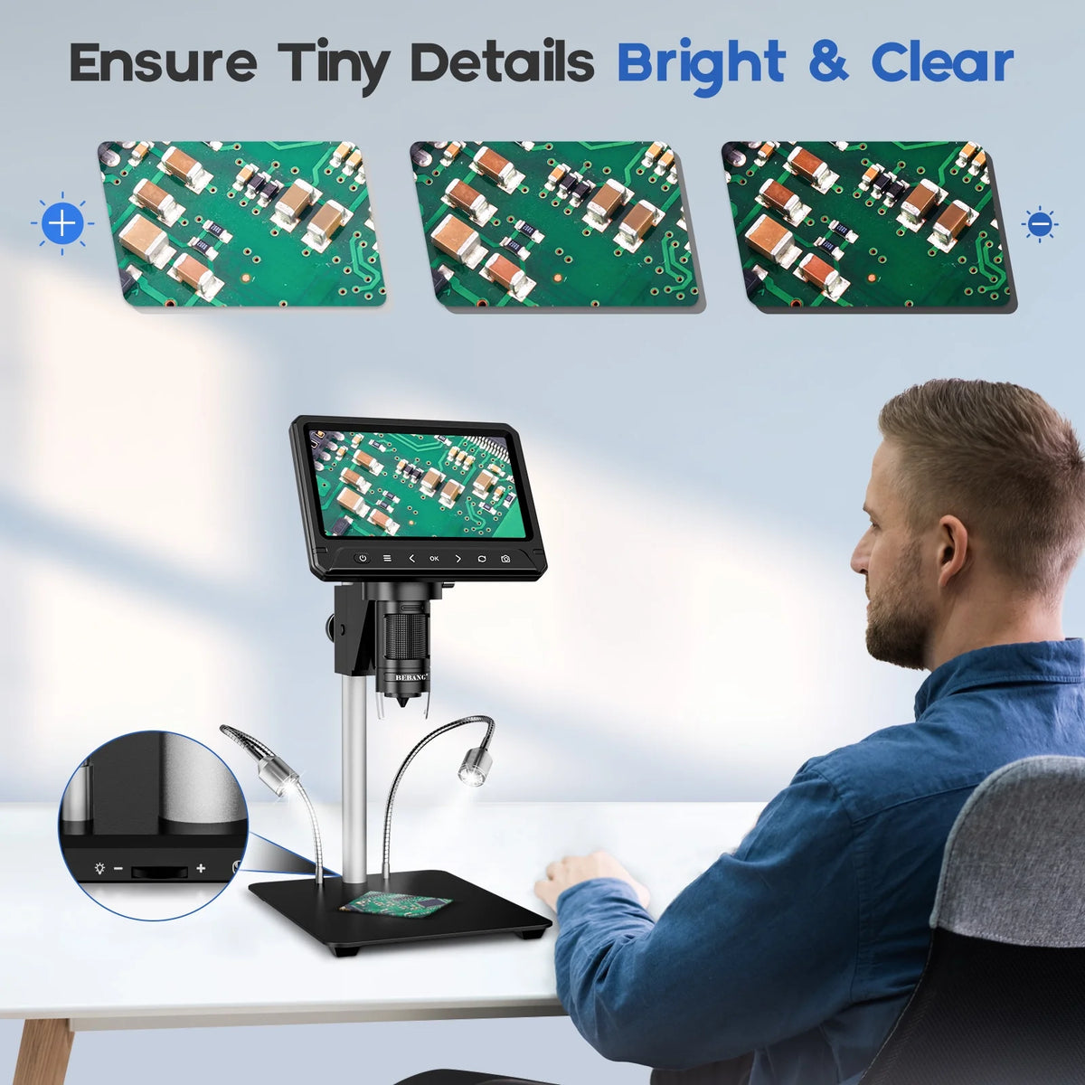 BEBANG 7" Coin Microscope for Adults, 1200X LCD Digital Microscope with 8 Adjustable LED Lights, 2 Flexible Side Lights, PC View Compatible with  Windows, iOS, 32GB