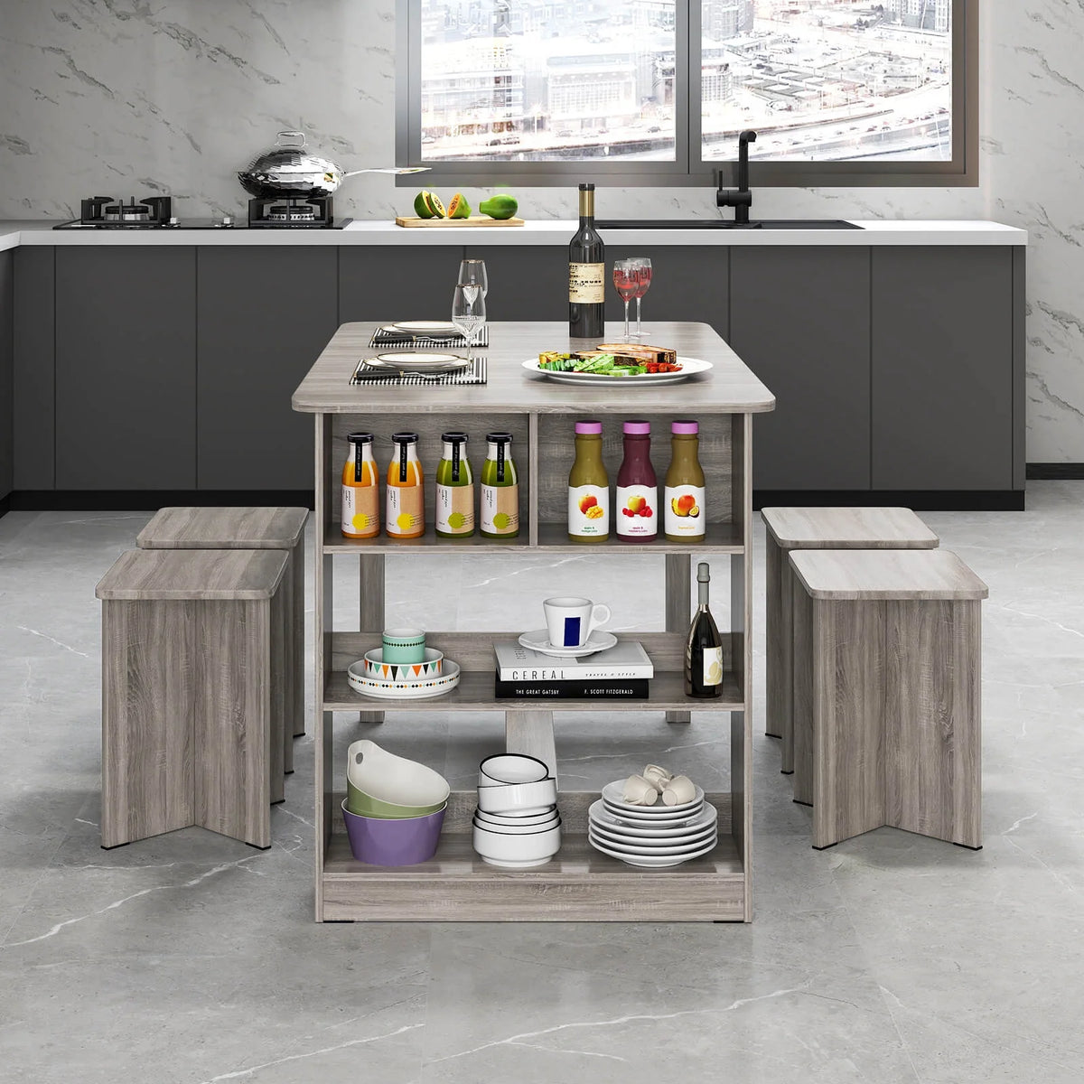 Costway 5 PCS Dining Table Set with Storage Shelf Rectangular Kitchen Table with 4 Stools Beige