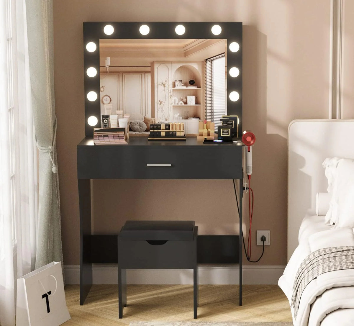 Vanity Table Set with Lighted Mirror,Makeup Vanity with Lights, Large Drawer Sturdy Wood Vanity, White