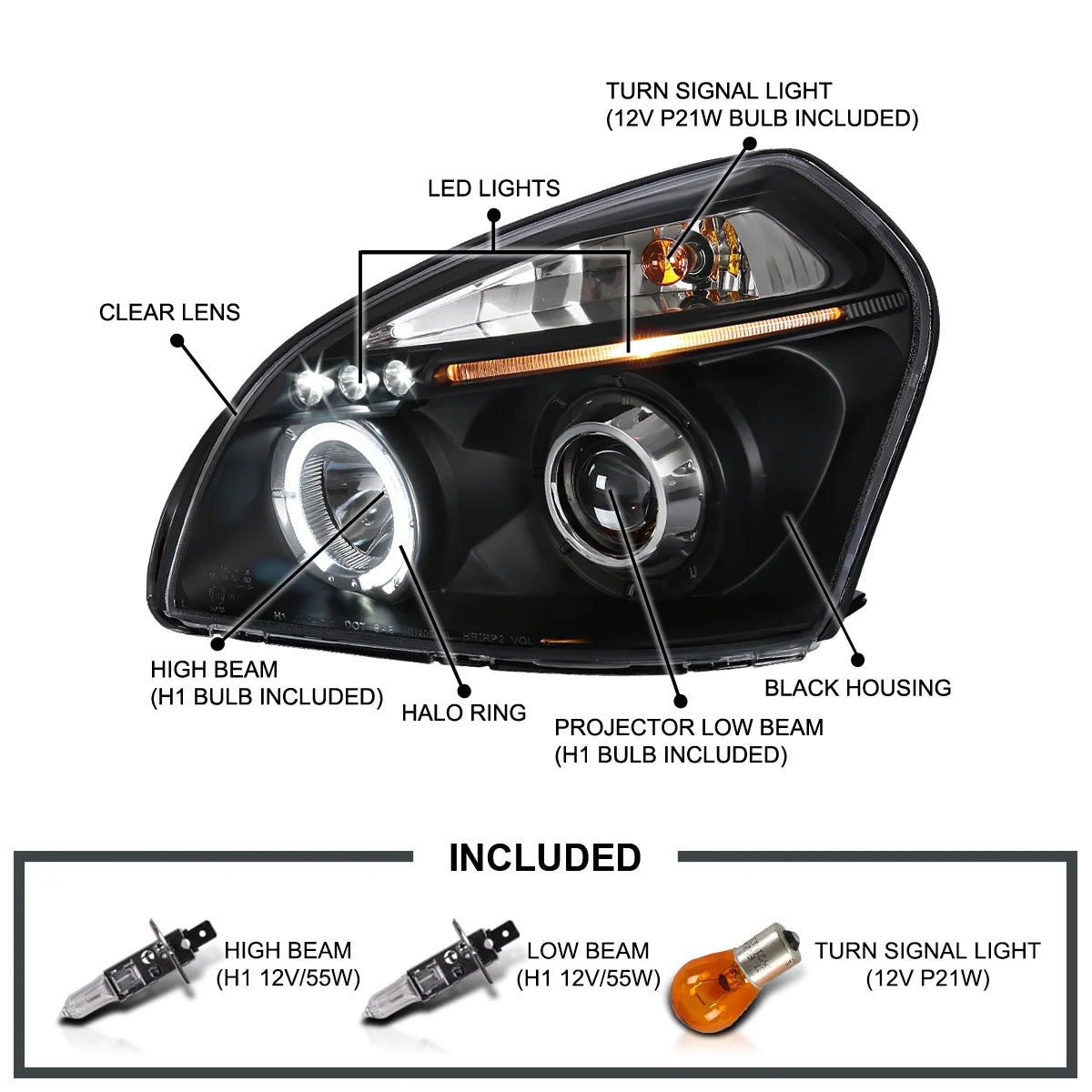 Spec-D Tuning Projector Headlights Black Compatible with 2005-2009 Hyundai Tucson All Modles, Left + Right Pair Headlamps Assembly