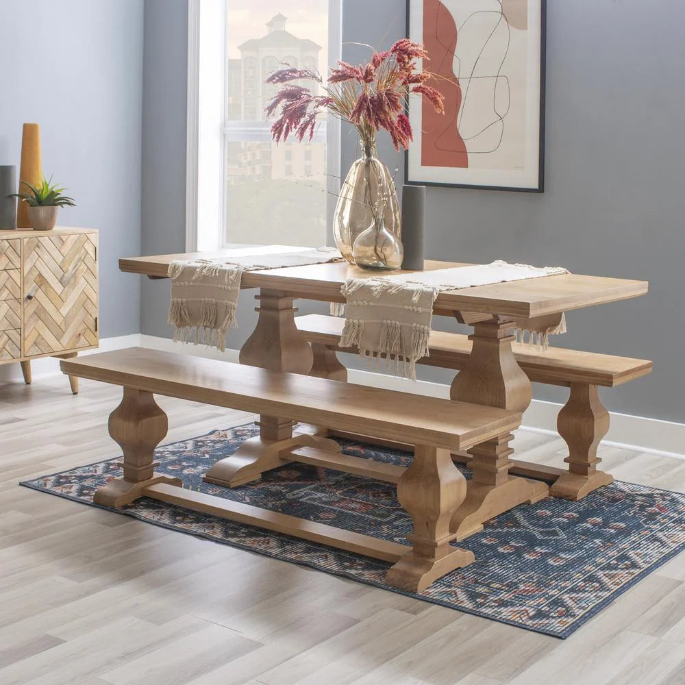 Linon Larson Solid Pine Wood Double Pedestal Bench in Rustic Honey Brown