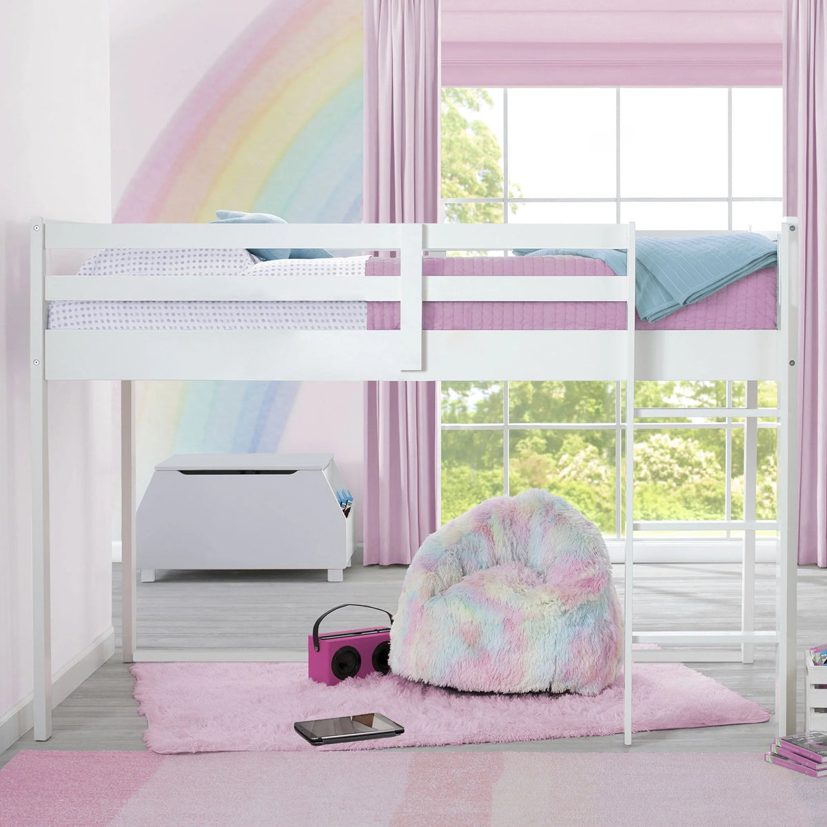 Delta Children Twin Loft Bed with Guardrail and Ladder, White