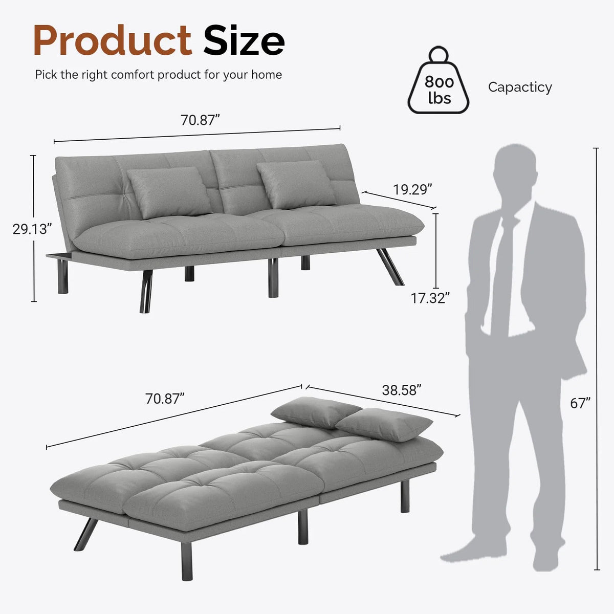 70���� Convertible Futon Sofa Bed Folding Bed Sleeper Couch for Living Room, Small Space or Office, Light Grey