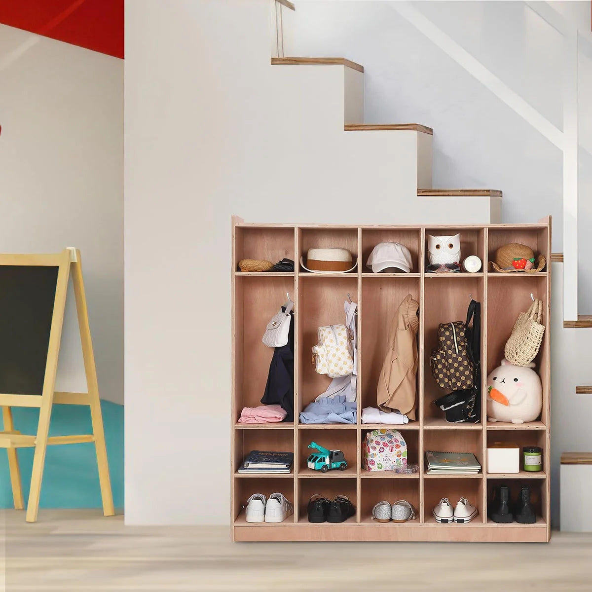 Ataucjin 5-Section Classroom Coat Locker, 20 Cubbies for Classrooms, Daycare Cubby with 4 Casters, 5 Hooks and 2 Storage Boxes, for Home, School, Kindergarten