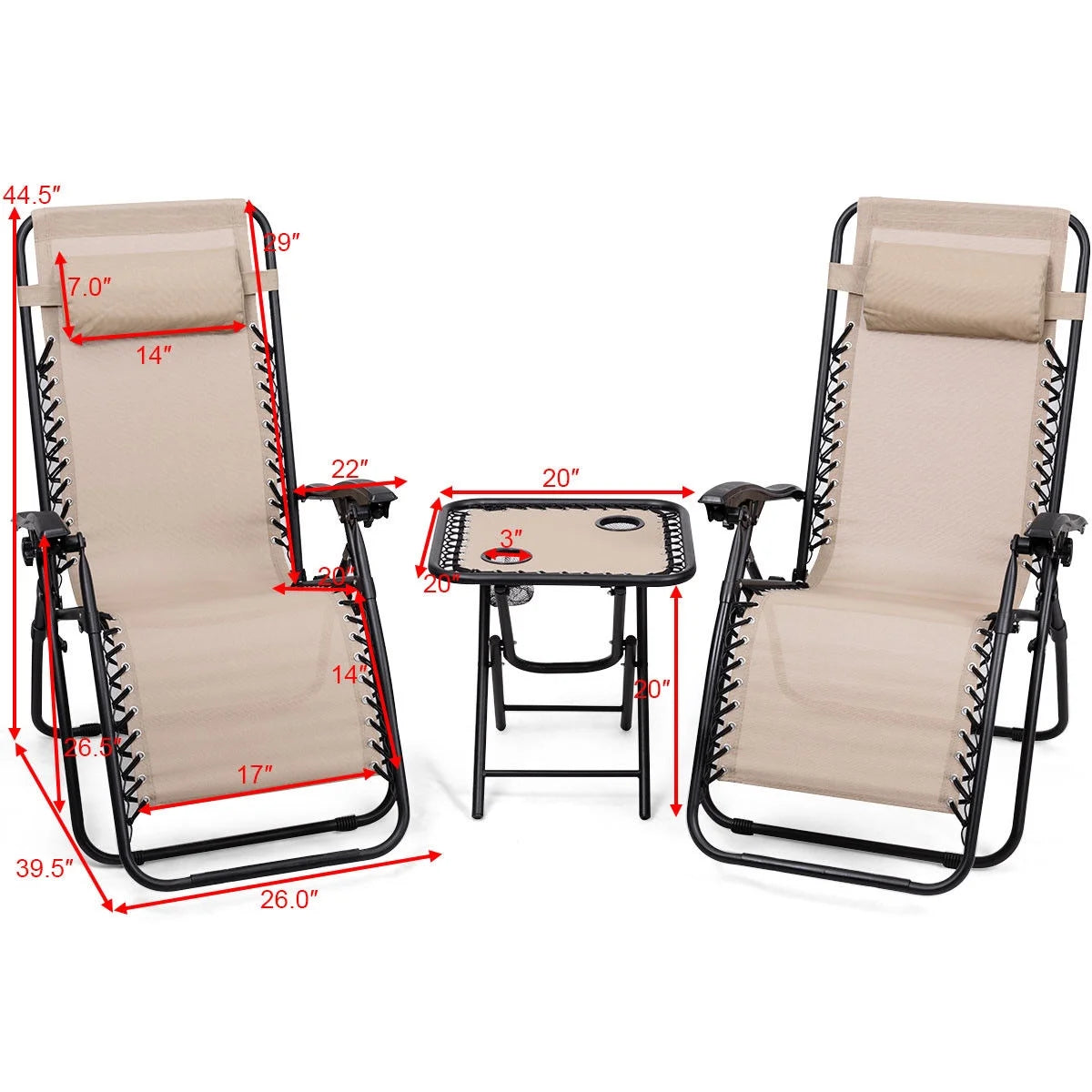 Gymax 3PC Zero Gravity Reclining Lounge Chairs Pillows Table Portable Folding Beige