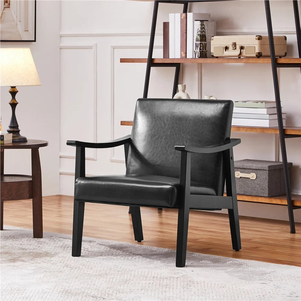Yaheetech Mid-Century Upholstered Faux Leather Armchair with Solid Wood Legs,Brown
