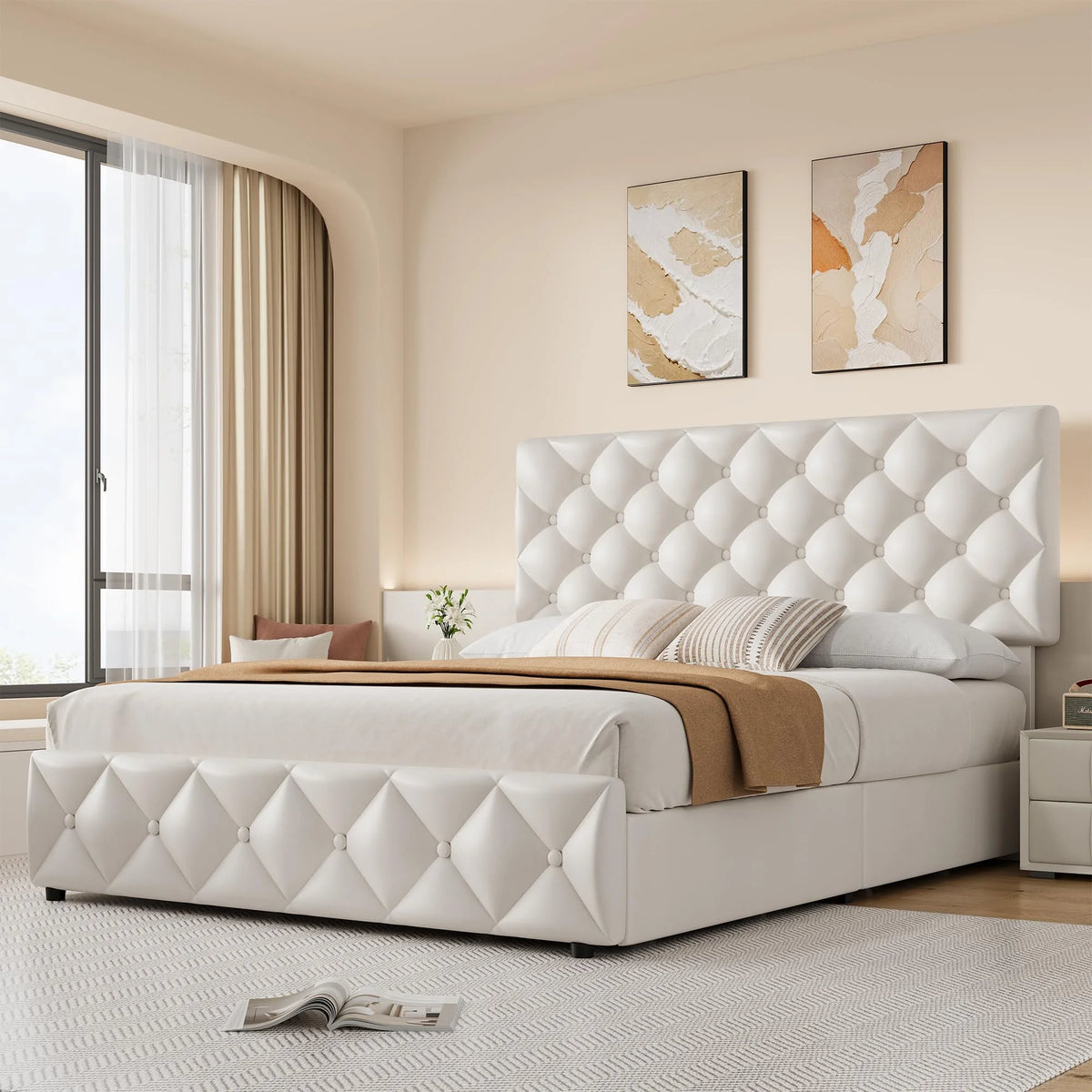 TROPOW Full Size Bed Frame,with 4 Storage Drawers and Adjustable Headboard, Linen Upholstered Platform Bed Frame, Diamond Stitched Button Tufted, No Box Spring Needed,White