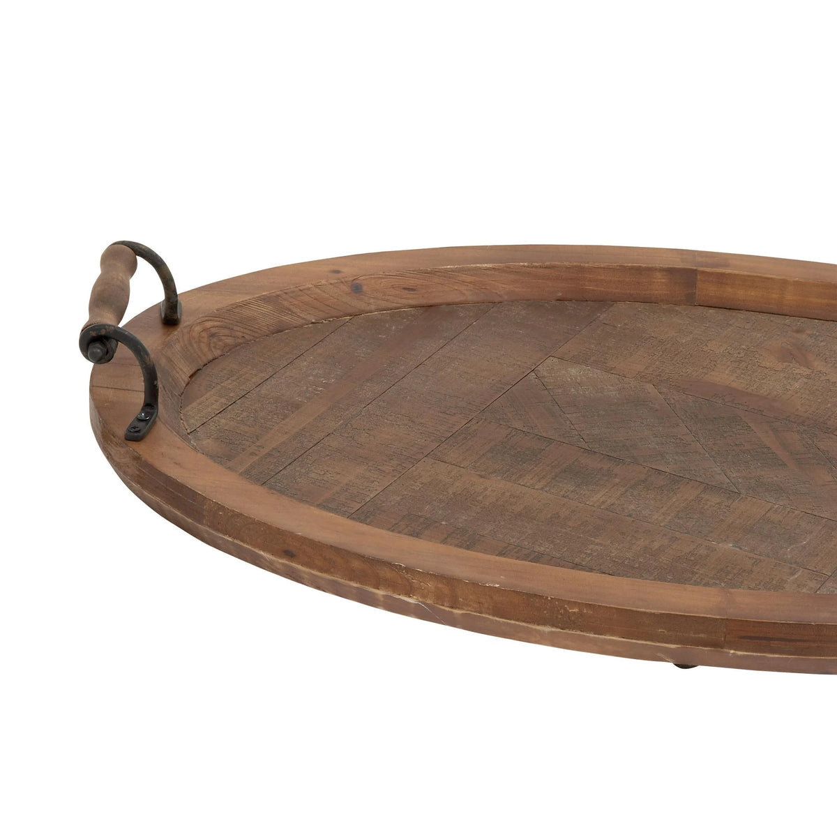 DecMode 29" x 19" Brown Wood Large Oval Tray with Scroll Metal Handles, 1-Piece