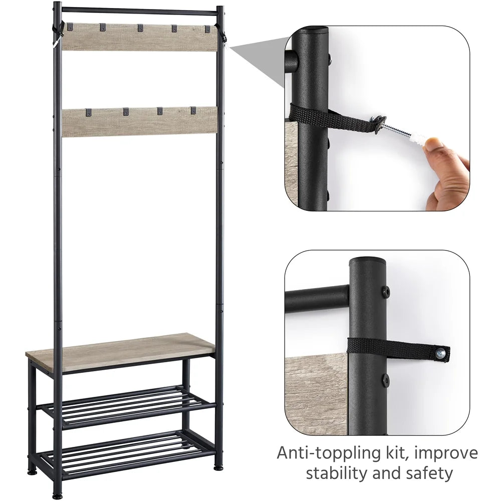 Renwick Metal Hall Tree with Shoe Shelves & Movable Hooks, Gray