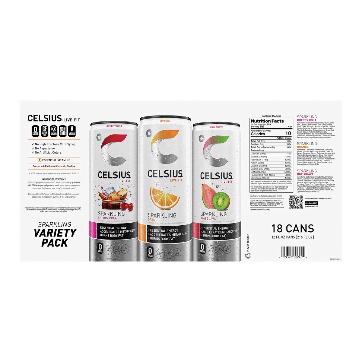 Celsius Sparkling Energy Drink, Core Variety Pack, 12 fl oz, 18-count