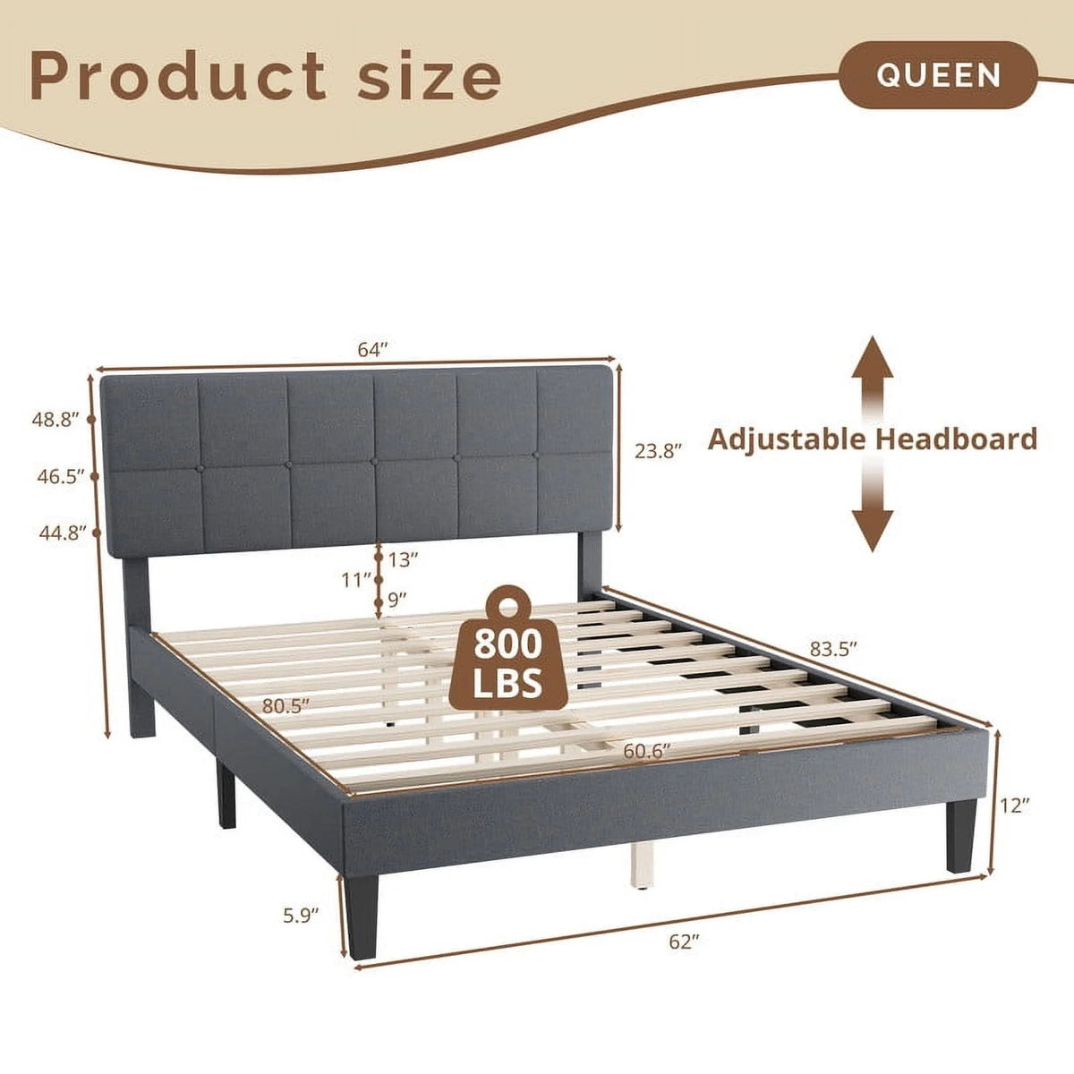 TINKLE WELL Twin Size Platform Bed Frame with Adjustable Headboard, 6" Under-Bed Storage, Solid Wood Frame, No Box Spring Required, 800LB Support, Quiet & Sturdy, Dark Grey