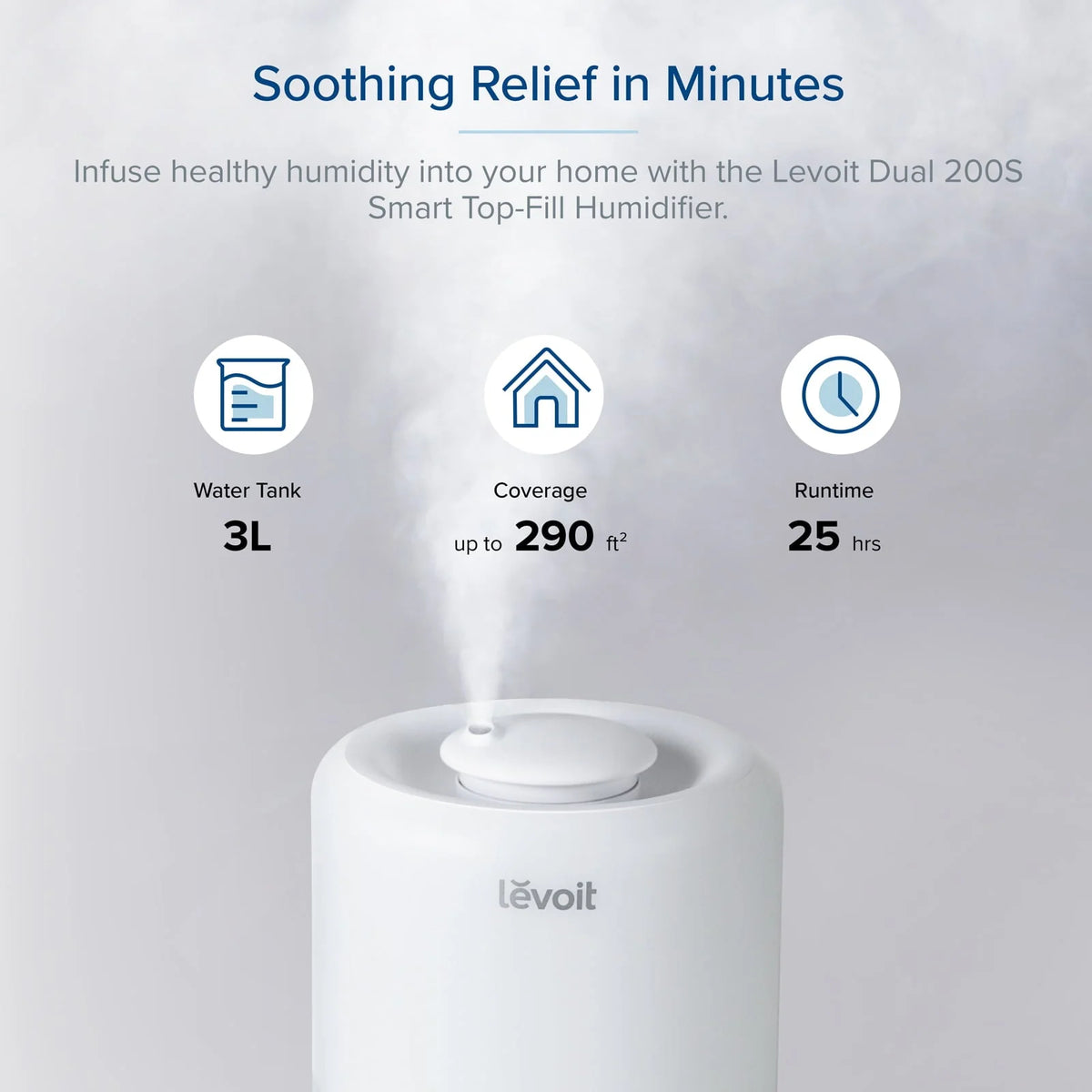 Levoit Smart Cool Mist Humidifier for Rooms, Top-Fill Humidifier for Baby with Sensor, Night Light, 3 Liter, Dual 200S, White