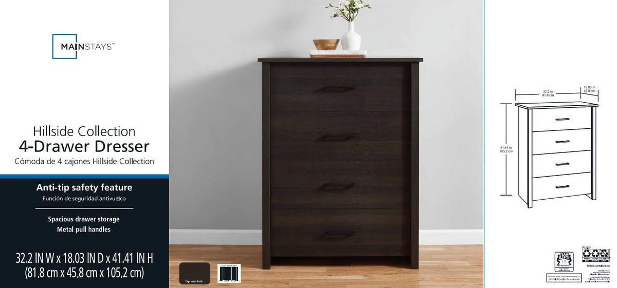 Mainstays Hillside 4-Drawer Dresser, Charcoal Finish