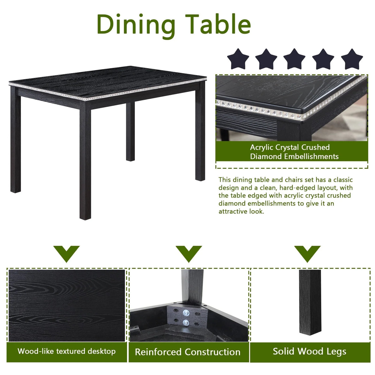 PORKISS Dining Table Set for 4, Solid Wood Dining Room Set with 1 Square Table 4 Upholstered Chairs, Dinner Table with Padded Chairs for Home Kitchen, Gray