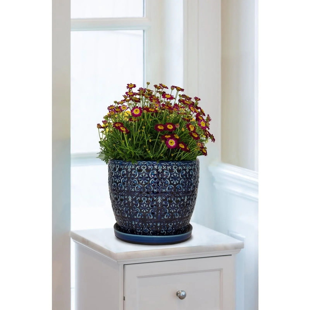 Trendspot Mediterranean 12" Round Blue Ceramic Planter