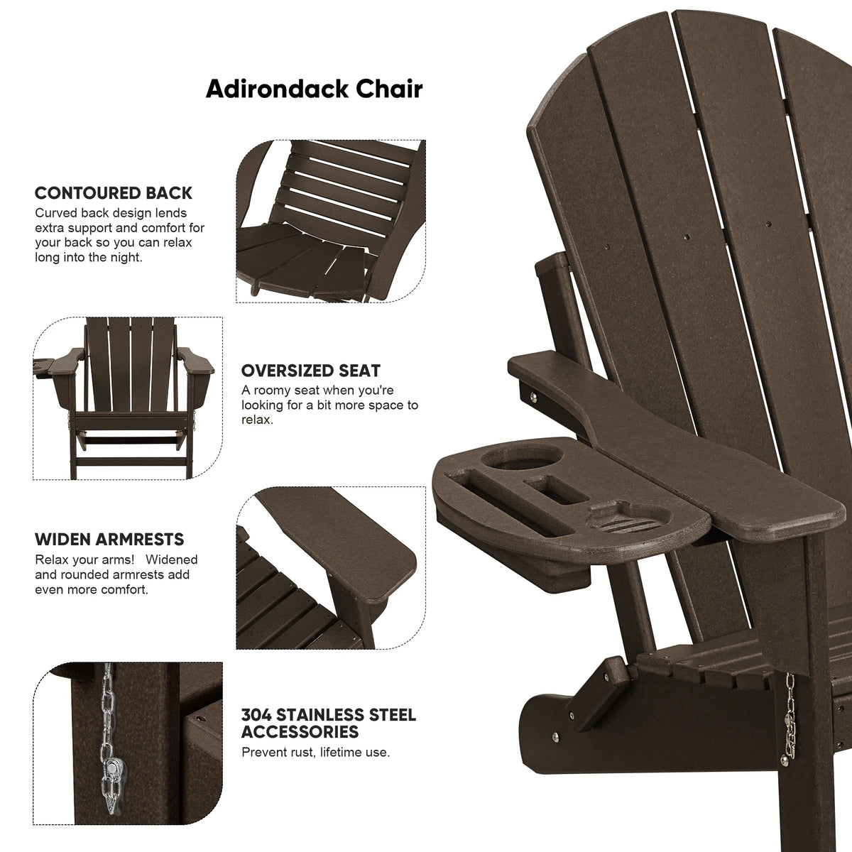 FOOWIN HDPE Plastic Adirondack Chairs Set of 4, Black