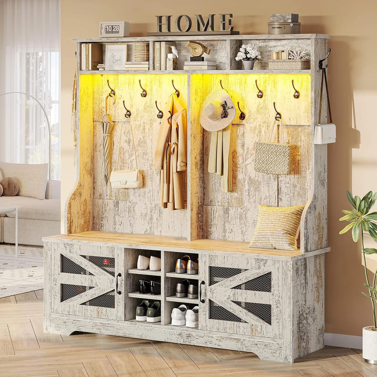 Hall Tree with Coat Rack and 16 Shoe Cubbies, 5-in-1 Entryway Bench with Bench and Shoe Storage, Barn Door & Adjustable Shelf, Embossed White