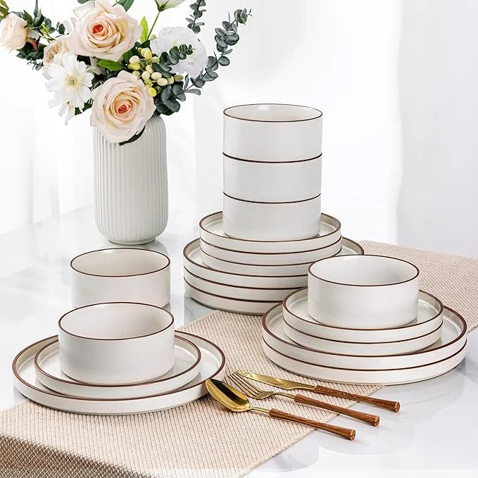 Vanilla White High-Rim Ceramic Dinnerware Set for 8 Shatterproof Oven Dishwasher Microwave Safe