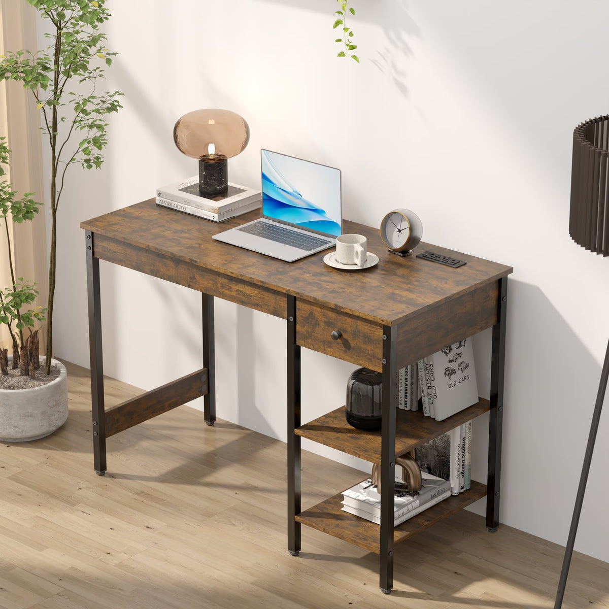 Manxile Fluted Computer Desk with USB Ports & Power Outlet, Modern White Study Table with Drawers
