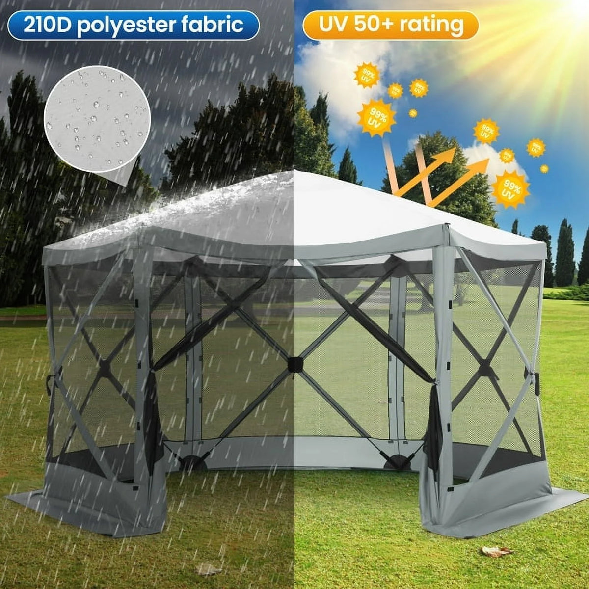 SANOPY 12'x12' Gazebo Outdoor Pop up Gazebo Screen Tent with 6 Sides Mosquito Netting Camping Gazebo Instant Shelter Glamping Tent with Carry bag, Ground Spike, Gray