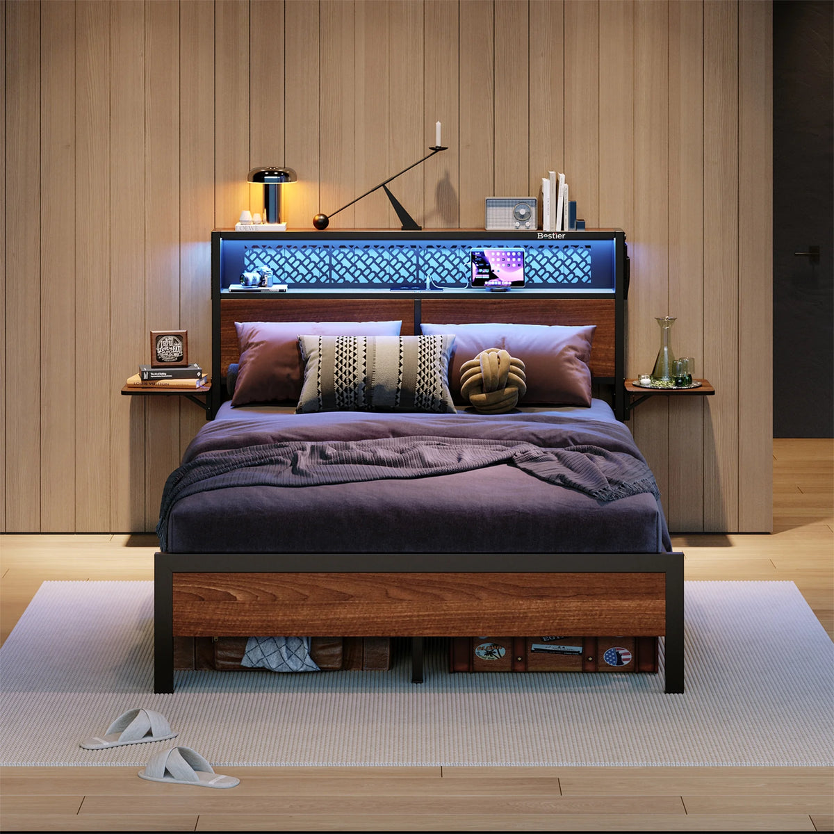 Bestier Queen Size Platform Bed Frame with Wood Foldable Bedside Shelves and LED Storage Headboard Charge Station, Gray