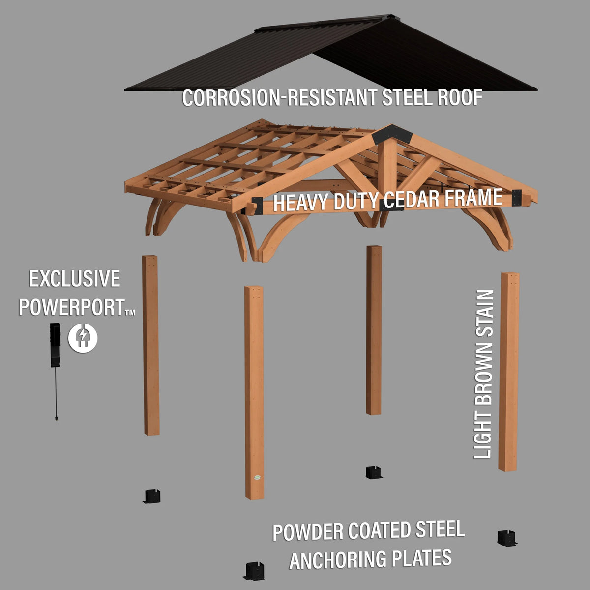 Backyard Discovery Arlington 12'x12' Cedar Wood Gazebo, Galvanized Steel Roof, PowerPort