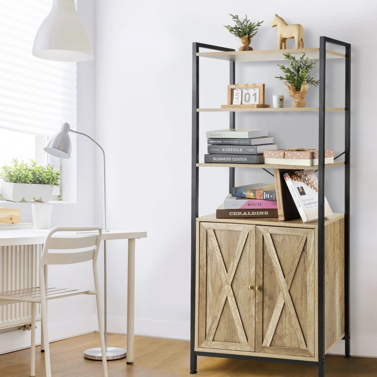 MONVANE Farmhouse Bookshelf and Bookcase with Doors, Crosshatch Design, 4 Shelves, Light Grey