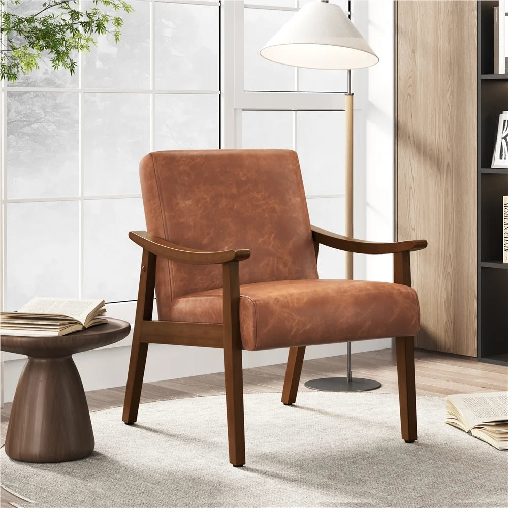 Yaheetech Mid-Century Upholstered Faux Leather Armchair with Solid Wood Legs,Brown