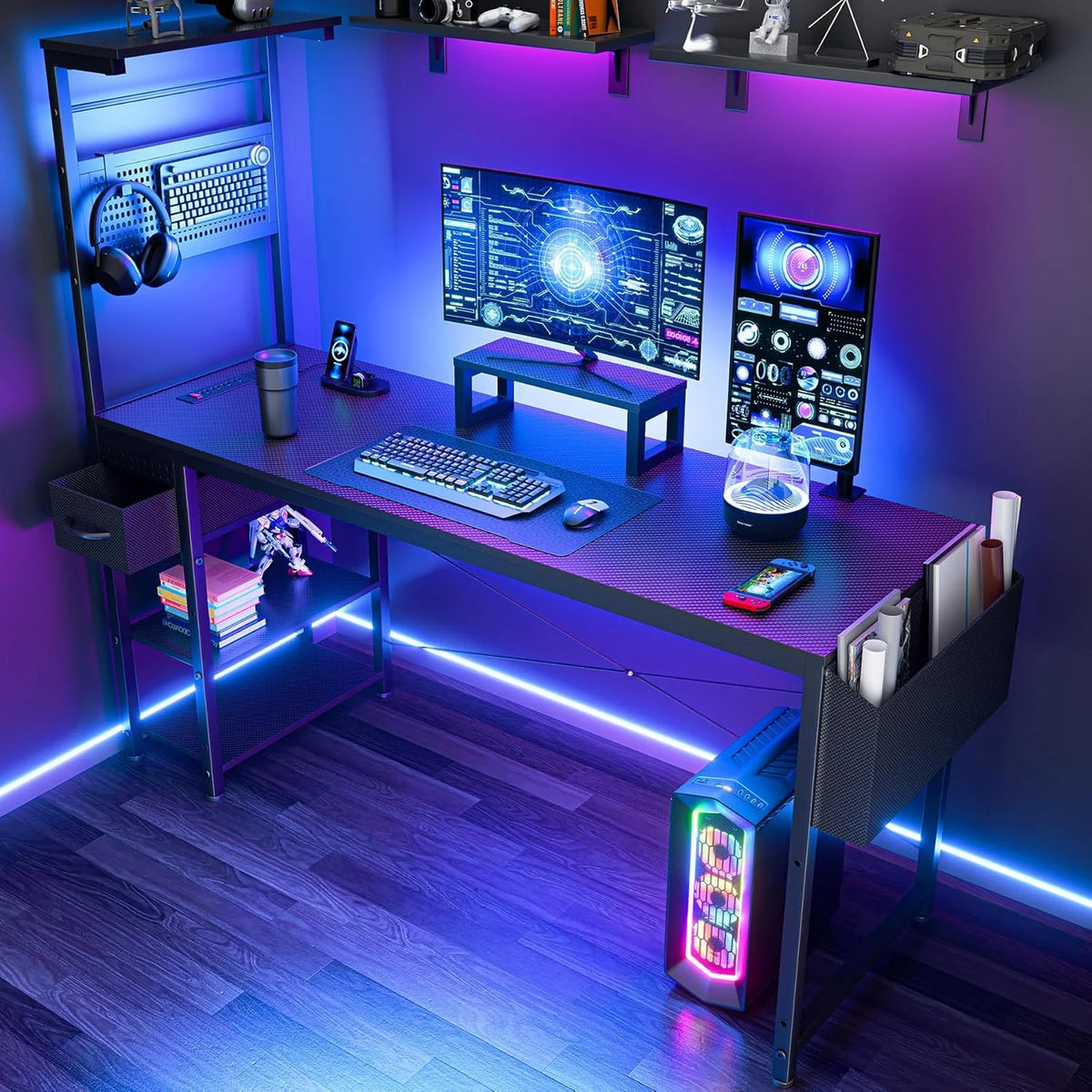 Upgo 55" Gaming Desk with Adjustable Storage Rack & LED Lights, Power Outlets for Adult and Teen