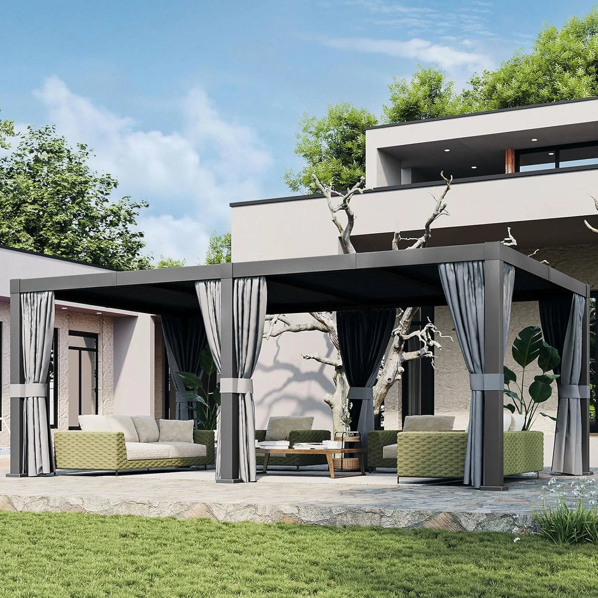 Aoxun 20' x 12' Louvered Pergola, Outdoor Aluminum Pergola with Adjustable Top for Decks, Gardens and Backyards, Gray