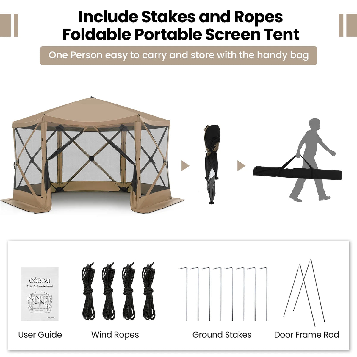 SANOPY 12'x12' Gazebo Outdoor Pop up Gazebo Screen Tent with 6 Sides Mosquito Netting Camping Gazebo Instant Shelter Glamping Tent with Carry bag, Ground Spike, Gray