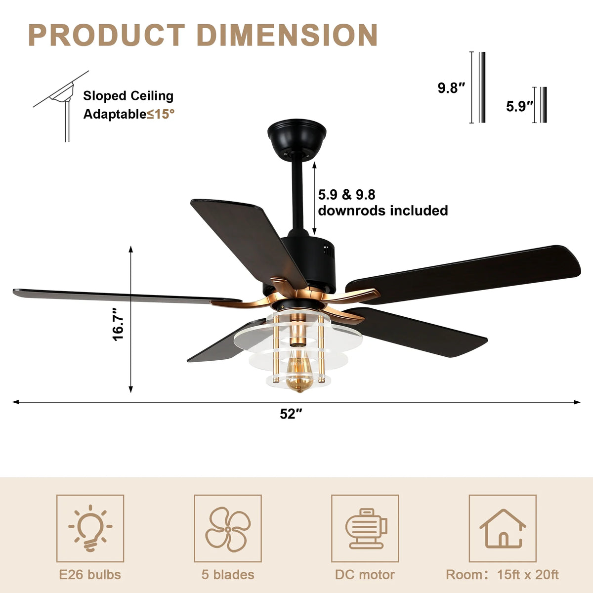Bella Depot 52" Modern Black Ceiling Fan 6-Speed Reversible with Light and Remote Control