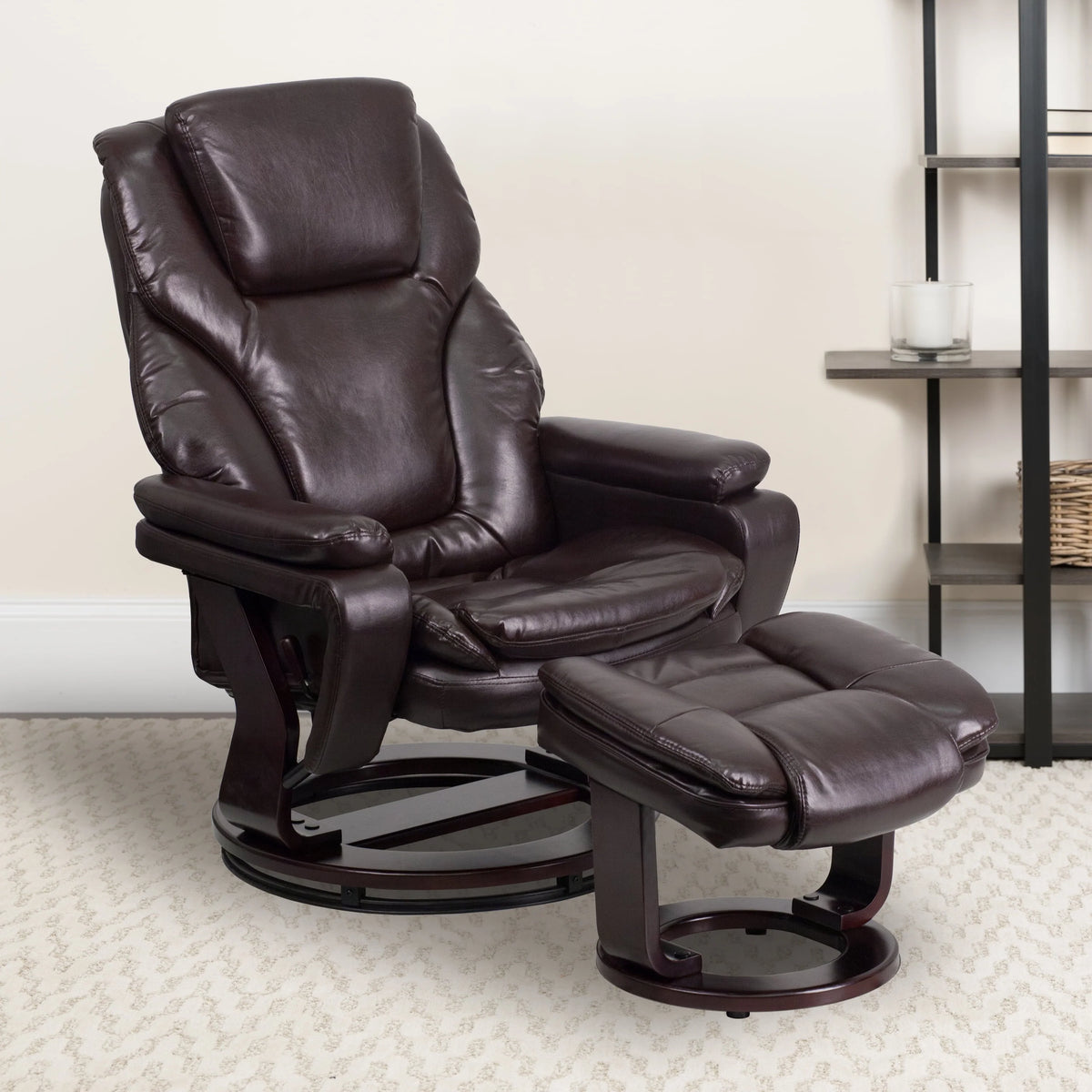 Emma + Oliver Multi-Position Recliner & Ottoman with Swivel Wood Base in Brown Microfiber