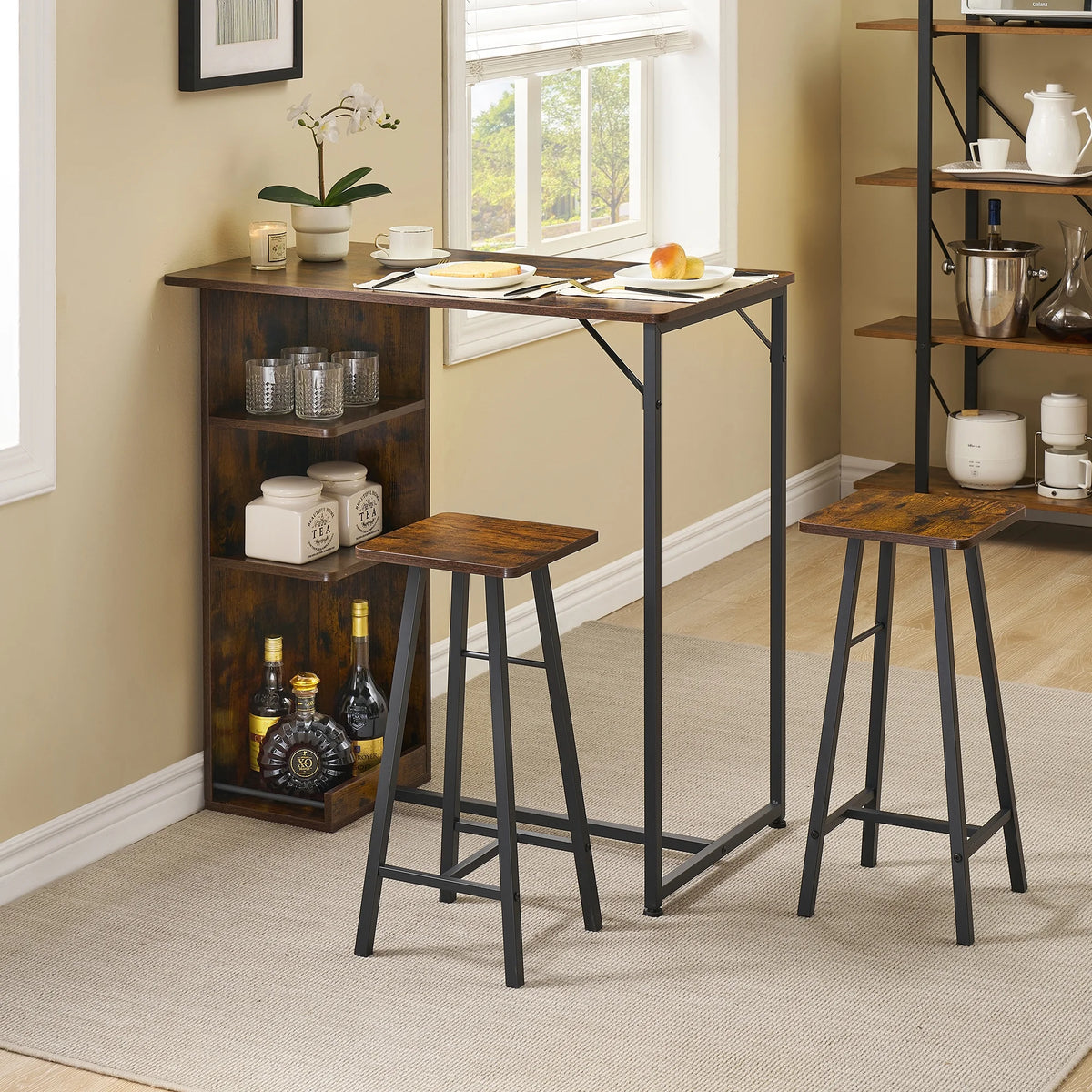 Dining Table Set, Bar Table and Chairs Set, 3-Piece Bar Table Set with Storage Drawer & Shelf, Steel Frame, Industrial, Rustic Brown, Space Saving Table for Small Apartment