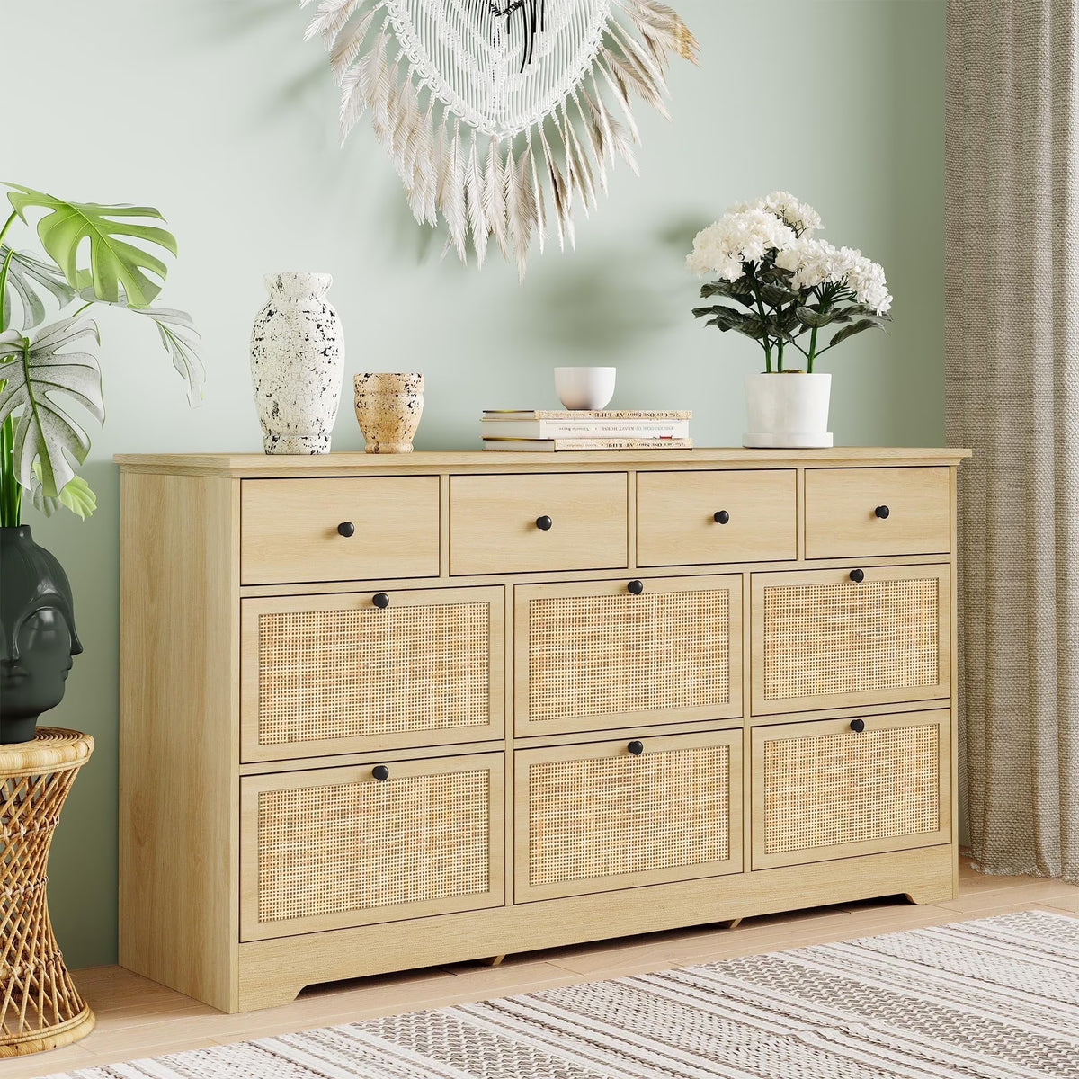 Brafabhome Rattan 6 Drawers Dresser for Bedroom, Vintage Boho Double Dresser Wicker Chest with Wooden Legs for Living Room Hallway| Mint