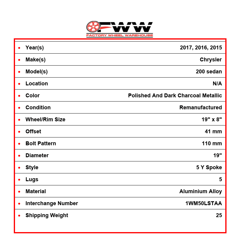Chrysler 200 Wheel 2015-2018 19" Factory OEM 1WM50LSTAA