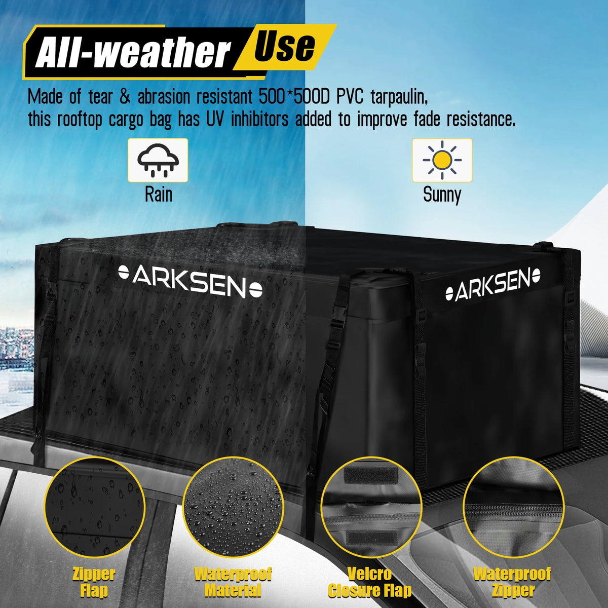 Arksen 29 Cubic Feet Waterproof Roof Top Luggage Storage Bag Heavy Duty Car Carrier Rooftop Bag W/ 12 Reinforced Straps, External Anti-slip Mat, 8 Door Hooks, For All Vechicles With/Without Rack