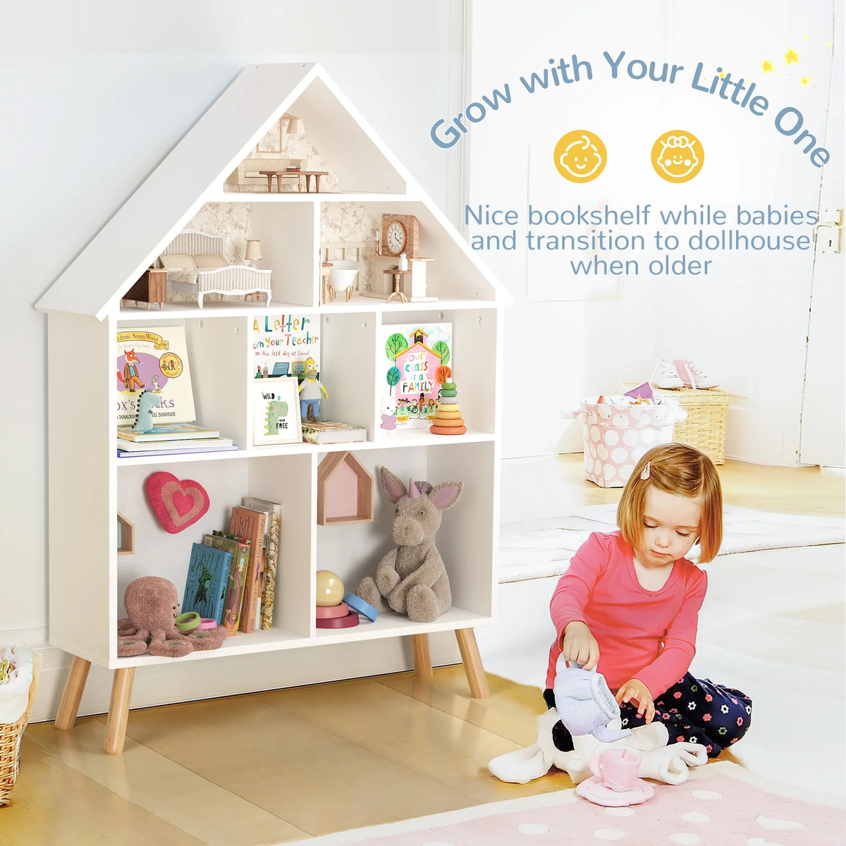 Curipeer 2-Tier Kids Bookshelf, Toy Storage Organizer with Motion-Activated Light, White