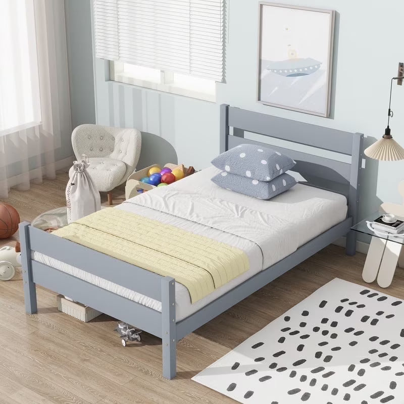 Duxelifin Wood Twin Bed Frame with Rails, Twin Size Low Platform Bed with Headboard and Footboard, Low Twin Bed Frame for Girls & Boys, White