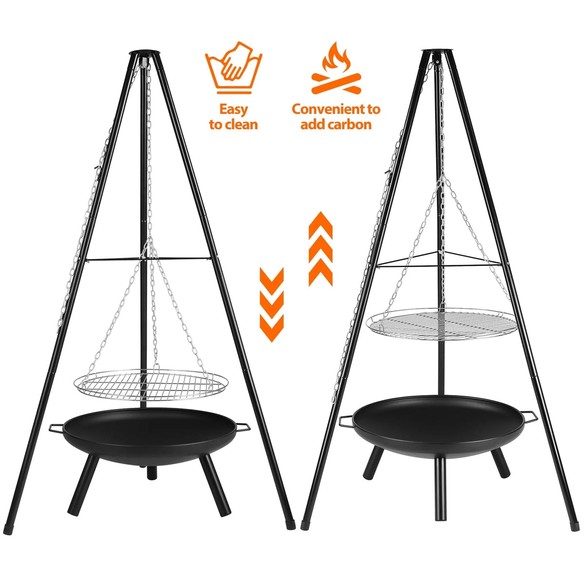 Charcoal Grill Set, Upgraded Adjustable Tripod Grill Set with Grill Net and Fire Pit, Multipurpose Portable Grill for Outdoor Campfire Barbecue Cooking BBQ, Detachable and Easy to Carry