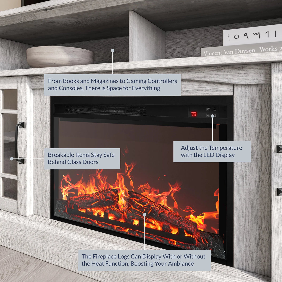 BELLEZE 58" TV Stand with 23" Electric Fireplace, Fireplace TV Console for TVs up to 65", Home Entertainment Center with Storage Cabinet and Adjustable Shelves - Astorga (Gray Wash)