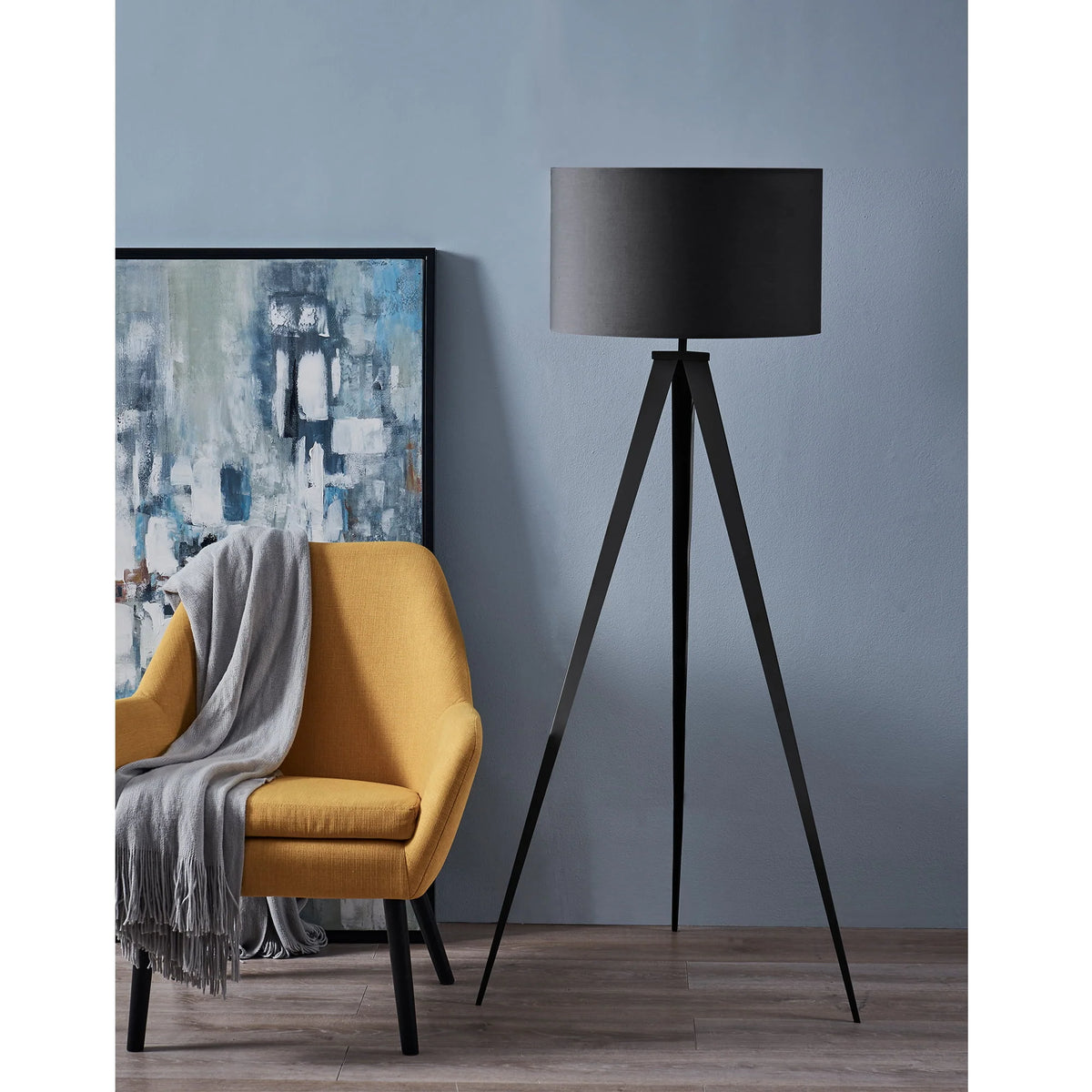 Teamson Home Romanza 60.23" Postmodern Tripod Floor Lamp with Drum Shade, Matte Black