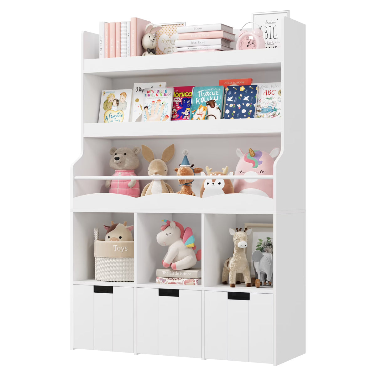 Homfa 55.5�� H Kids Bookshelf with 2-Tier Book Shelves, Children Toy Organizer with 3 Cubes and Removable Drawers, White