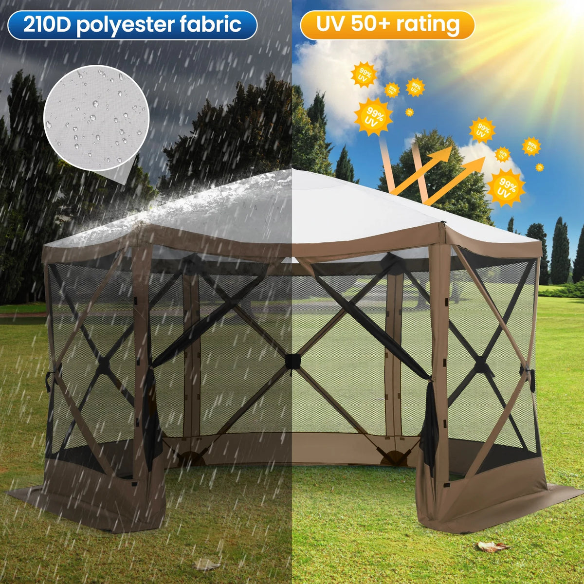 SANOPY 12'x12' Gazebo Outdoor Pop up Gazebo Screen Tent with 6 Sides Mosquito Netting Camping Gazebo Instant Shelter Glamping Tent with Carry bag, Ground Spike, Gray