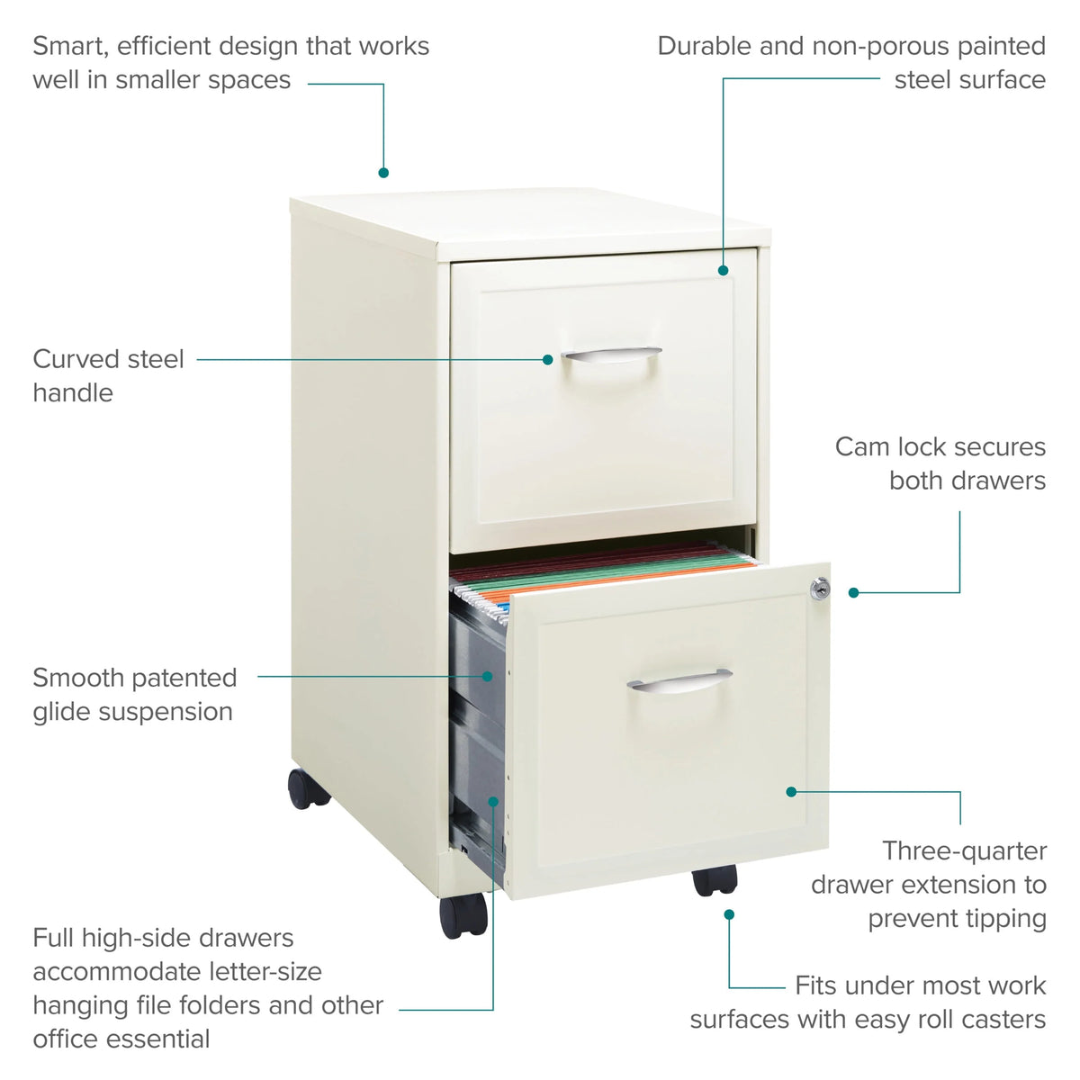 Space Solutions 18" Deep 2 Drawer Mobile Letter Width Vertical File Cabinet, White