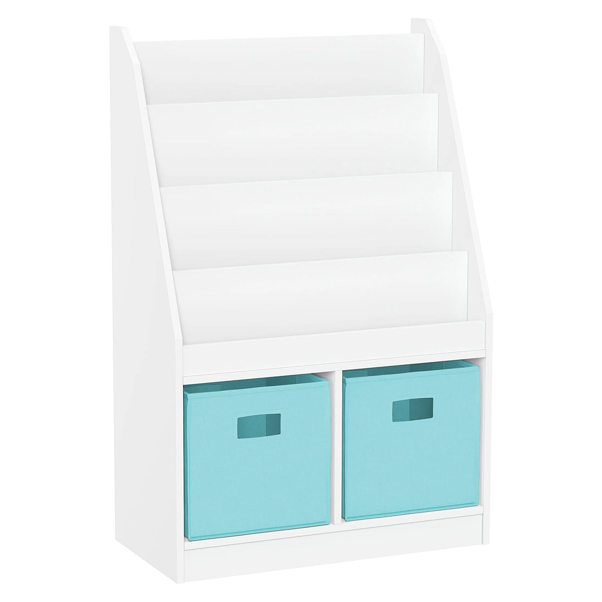RiverRidge Kid Bookshelf Toy Storage Organizer with 4 Bookracks 2 Cubbies and 2 Gray Bins