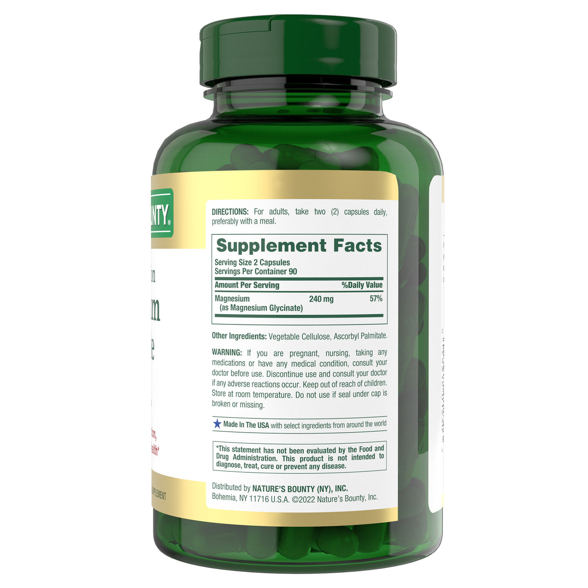 Nature's Bounty Magnesium Glycinate 240 mg, 180 Capsules